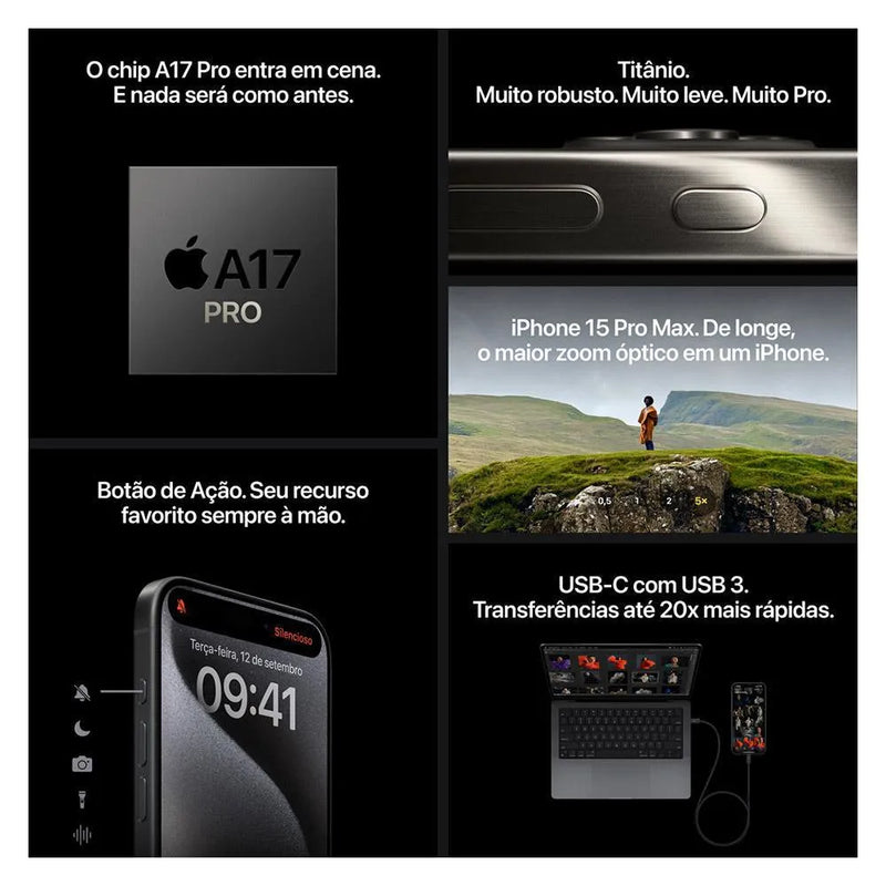 iPhone 15 Pro Max Apple (512GB) Titânio Azul, Tela de 6,7", 5G e Câmera de 48MP